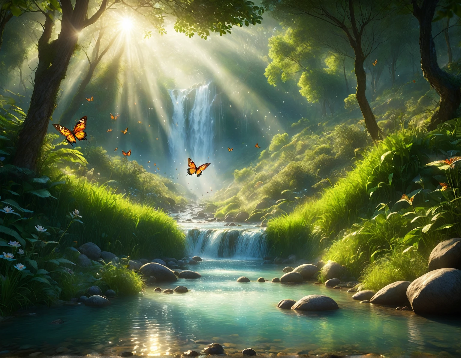 a hyper-realistic image in high definition, a river with calm and clear waters, running through a forest in a valley, birds and butterflies flying, immersive atmosphere, fantasy look, fairy tale, dew on the vegetation, in the background a waterfall, morning sun rays, photorealistic details, dynamic shadows, 32k resolution, 50mm lens, f/2.4, greg rutkowsky style