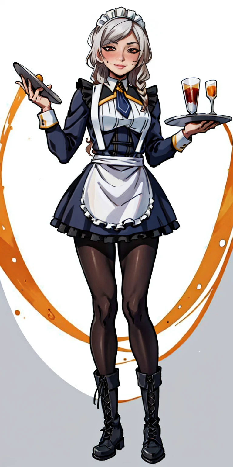 masterpiece full body standing straight symmetrical, lustful smirking smile face red blush red cheeks, looking at viewer, holding a tray, braid, maid headdress, maid, dress, apron, long sleeves, brown pantyhose, long leather military boots thighs, long white hair