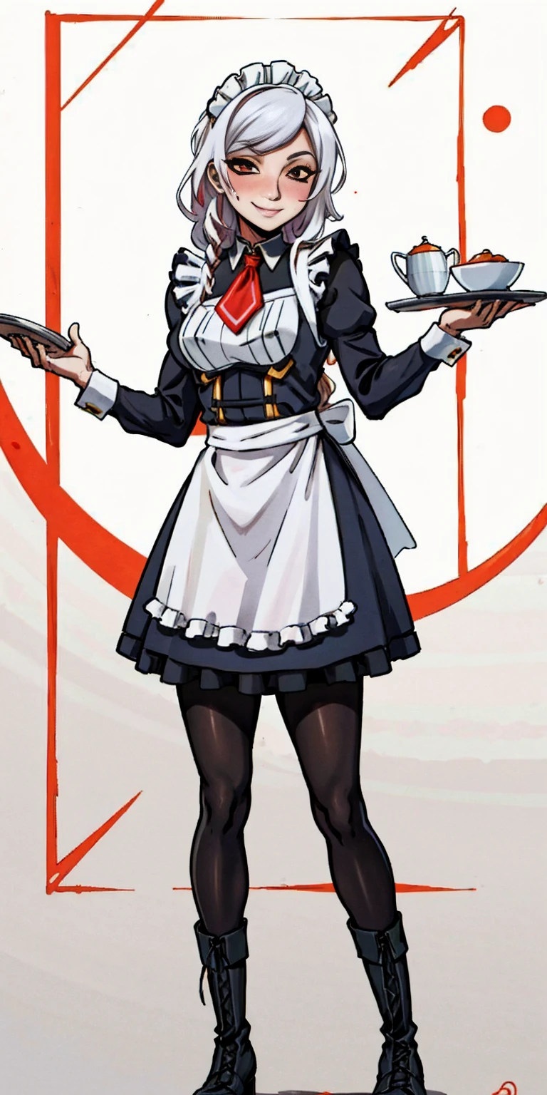 masterpiece full body standing straight symmetrical, lustful smirking smile face red blush red cheeks, looking at viewer, holding a tray, braid, maid headdress, maid, dress, apron, long sleeves, brown pantyhose, long leather military boots thighs, long white hair