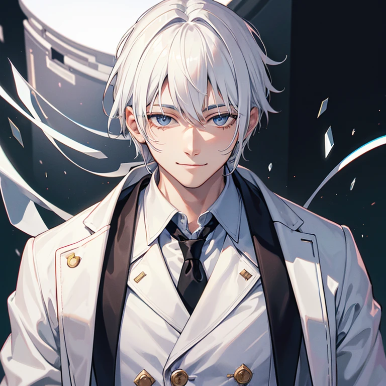 (highres,young boy,white hair,doctor outfit,cold expression with subtle smirk,manipulative smile)