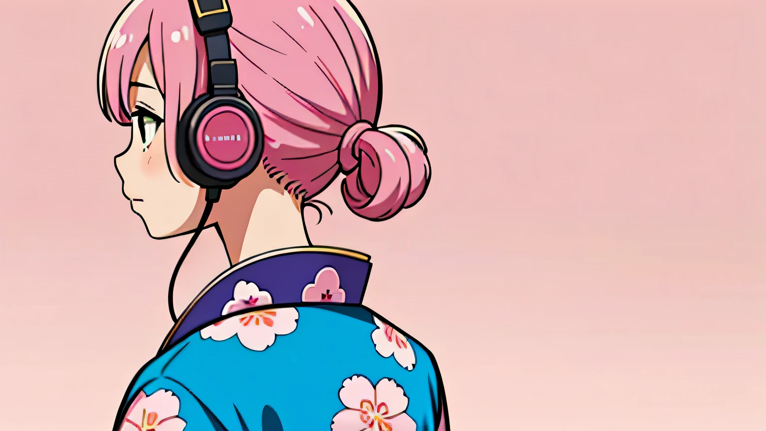 pink hair, alone, girl, junior high school student, wearing headphones, floral printed kimono, no background, pink background, back shot, wide shot, tokyo, city pop