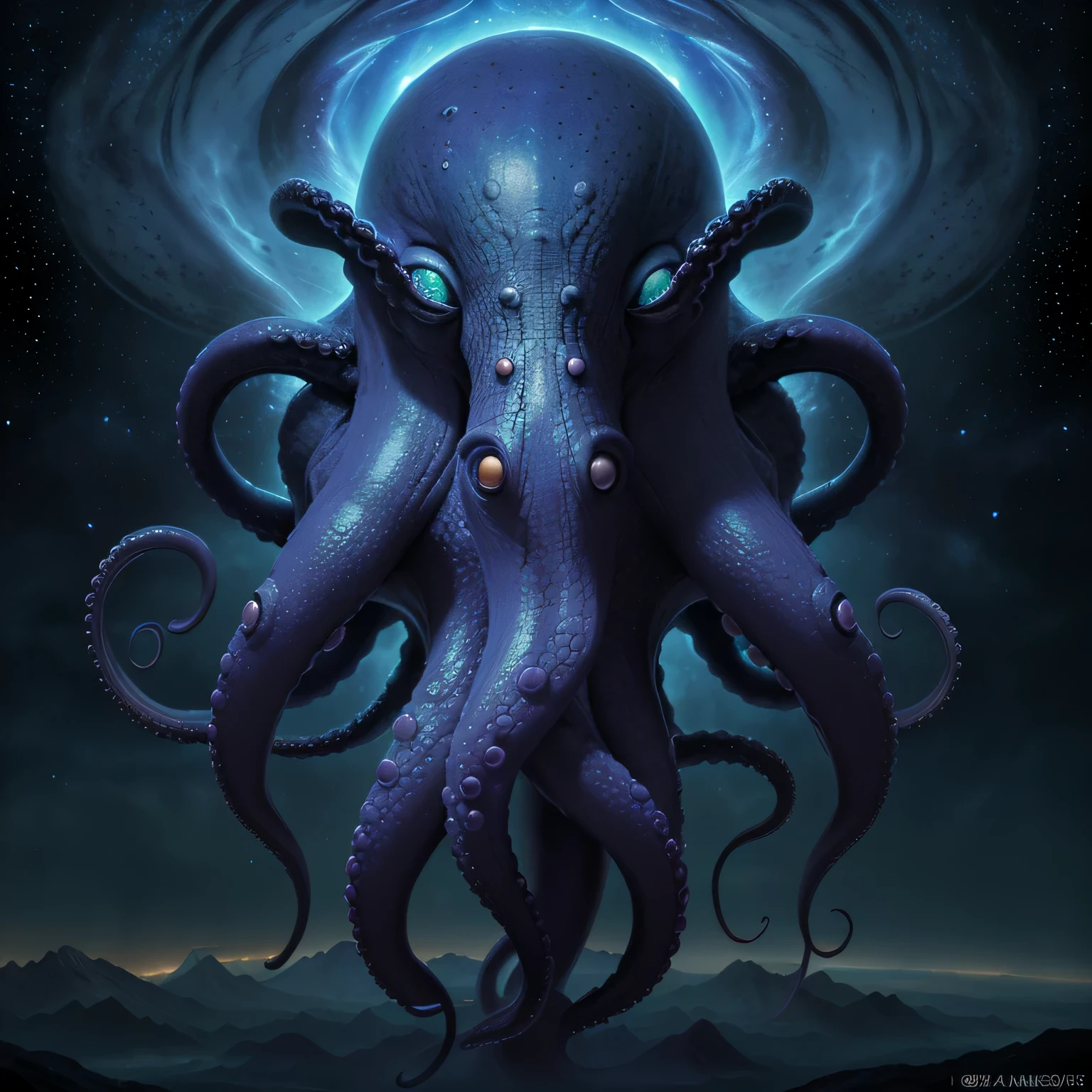 Cosmic majestic octopus realist, masterpiece, 8k, cosmic void, terror, genesis, apocalypse, armagedon, full art, magical, dark fantasy