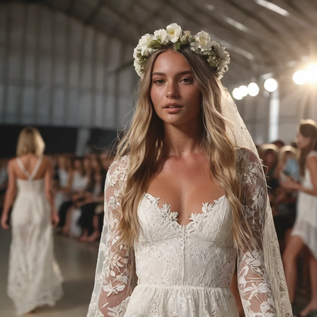 Supermodel, Brazilian, dark tanned, brown eyes, full body shot, long dark blonde hair, walking Down fashion runway, beautiful , natural beauty, no makeup, model, 4K, realistic, natural, textured skin, freckles on face, wearing a flowing lace bohemian wedding gown, flower crown on head, wearing wedding veil, white high heels, fashion lighting, zoom out,
