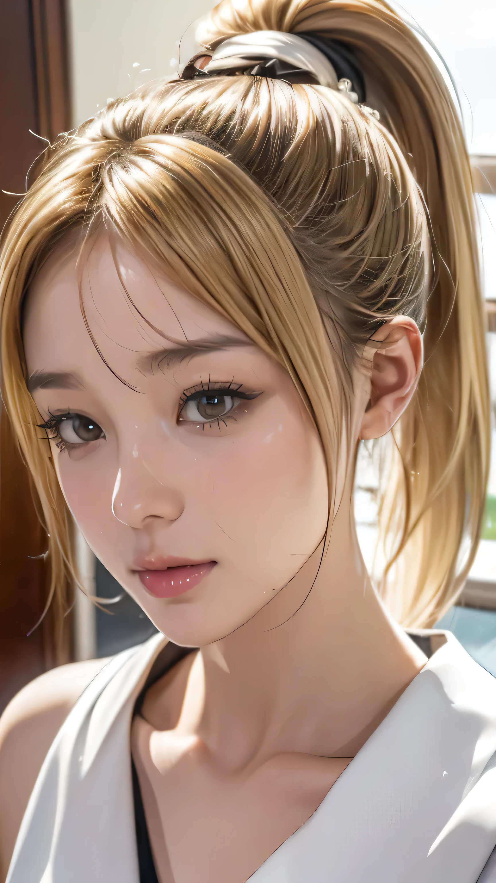 (8K high quality), (highest quality), (RAW image quality), (reality), (that&#39;realistic:1.37), Big 目,that&#39;exquisite（Live-action realistic style）,ultimate face,✤ Light and shadow,clear facial features,milky white skin, high detail skin,realistic skin details,visible pores,（Super detailed）,best portrait, facial, how, (10 year old Japanese girl, blonde hair, ponytail, cute type)