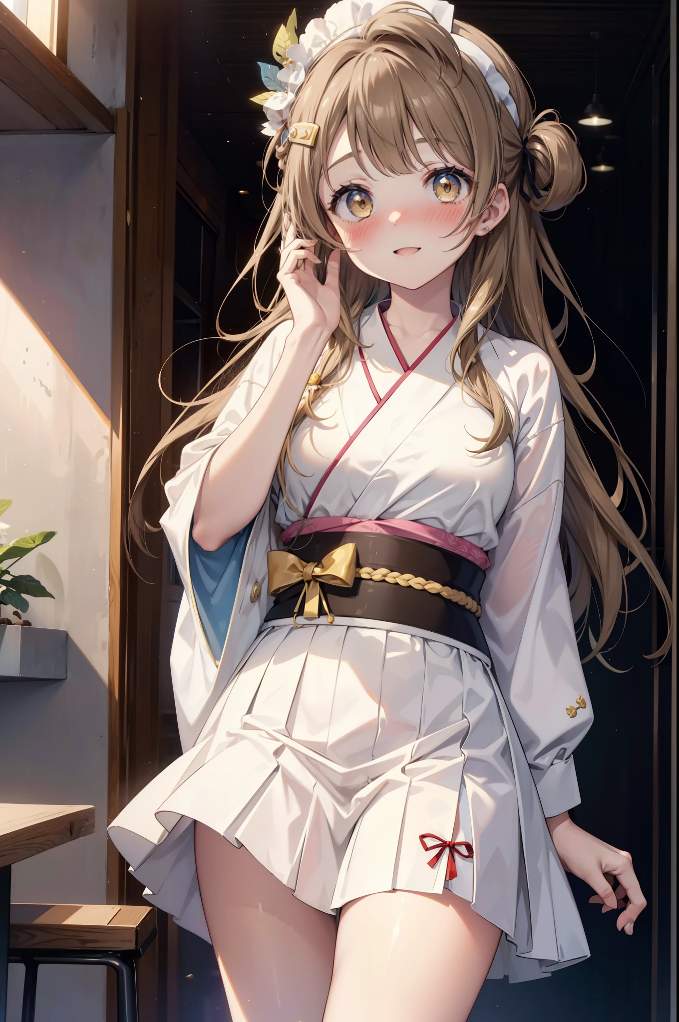 Kotori Minami, Kotori Minami, brown hair, (brown eyes:1.5), one side up, hair ribbon, ribbon, long hair,happy smile, smile, open your mouth,blush,White idol-style kimono,long furisode,White mini hakama,White tights,Zori sandals,tray, tray in one hand,A beautiful waitress with long hair comes to the table to take our order,So that the whole body goes into the illustration,
break looking at viewer, (cowboy shot:1. 5)
break indoors, Coffee shop, 
break (masterpiece:1.2), highest quality, High resolution, unity 8k wallpaper, (figure:0.8), (detailed and beautiful eyes:1.6), highly detailed face, perfect lighting, Very detailed CG, (perfect hands, perfect anatomy),