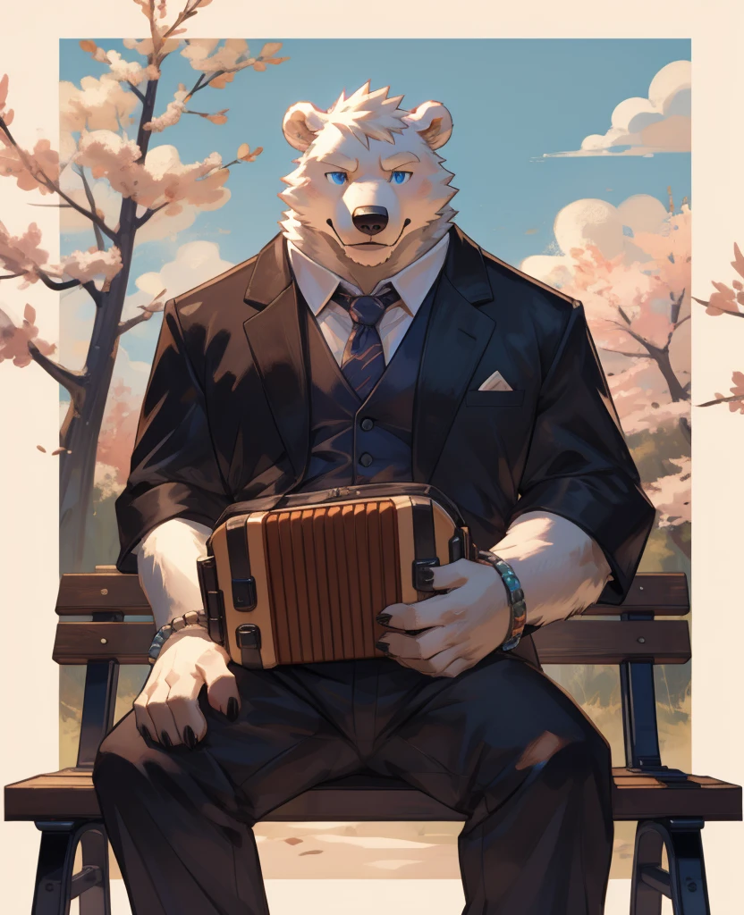 deobaed anatomy, human nature, ((Polar Bear| off white | blue eyes)), male, alone, cannon, Strong, Tail's eyes, ,cheer,(( bracelet )), bear tail, in the woods, Handheld organ, Smile, by bebebebebe, by zackary911,Takemoto Arashi,woods background,Cherry tree,Blue sky,Dove of peace,((Play the accordion)),((sit on a bench)),Wooden bench,((dressed in a tuxedo)),((Half-removed pants)),Erect peniasturbate))