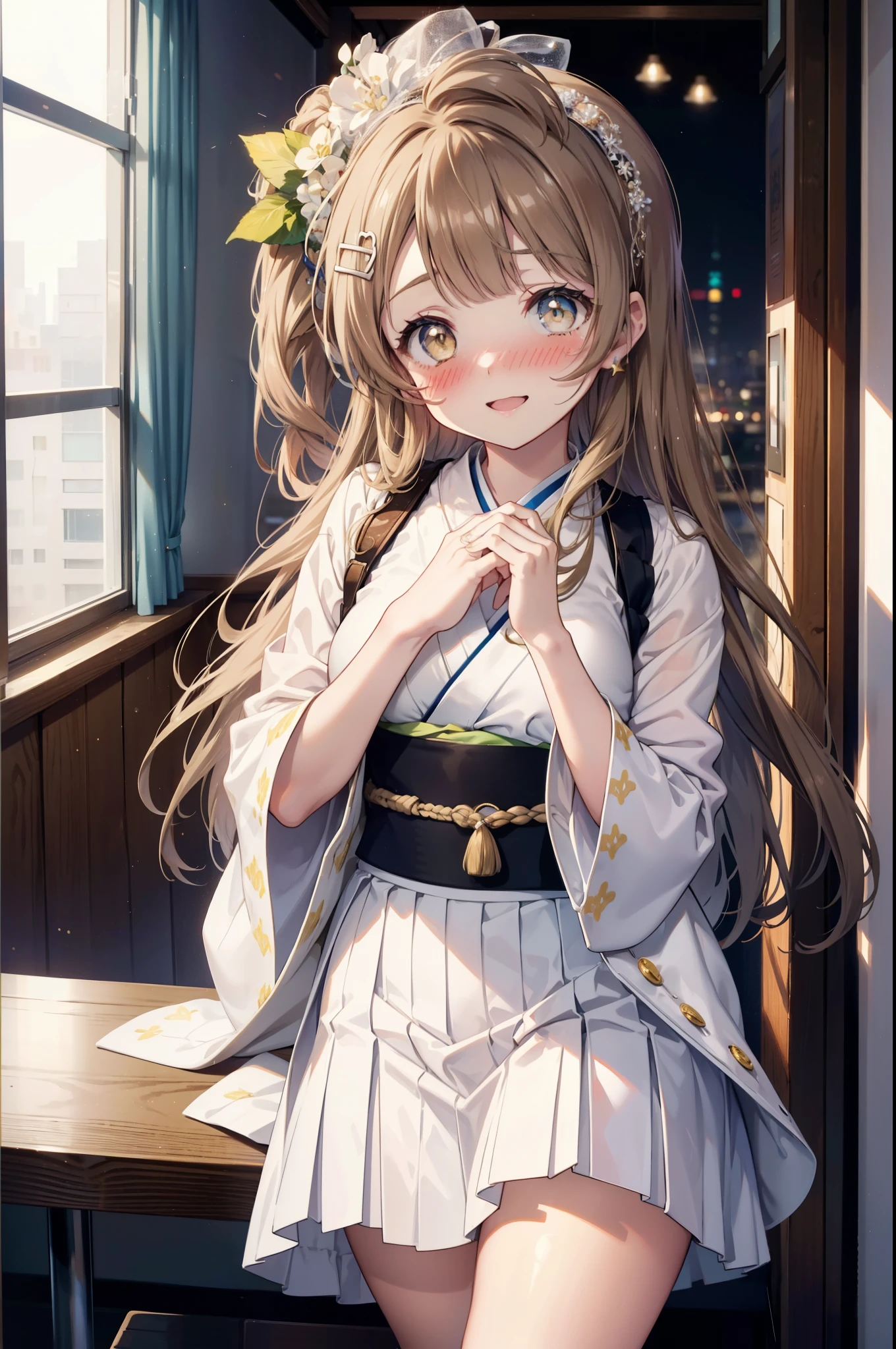 Kotori Minami, Kotori Minami, brown hair, (brown eyes:1.5), one side up, hair ribbon, ribbon, long hair,happy smile, smile, open your mouth,blush,White idol-style kimono,long furisode,White mini hakama,White tights,Zori sandals,tray, tray in one hand,A beautiful waitress with long hair comes to the table to take our order,So that the whole body goes into the illustration,
break looking at viewer, (cowboy shot:1. 5)
break indoors, Coffee shop,
break (masterpiece:1.2), highest quality, High resolution, unity 8k wallpaper, (figure:0.8), (detailed and beautiful eyes:1.6), highly detailed face, perfect lighting, Very detailed CG, (perfect hands, perfect anatomy),