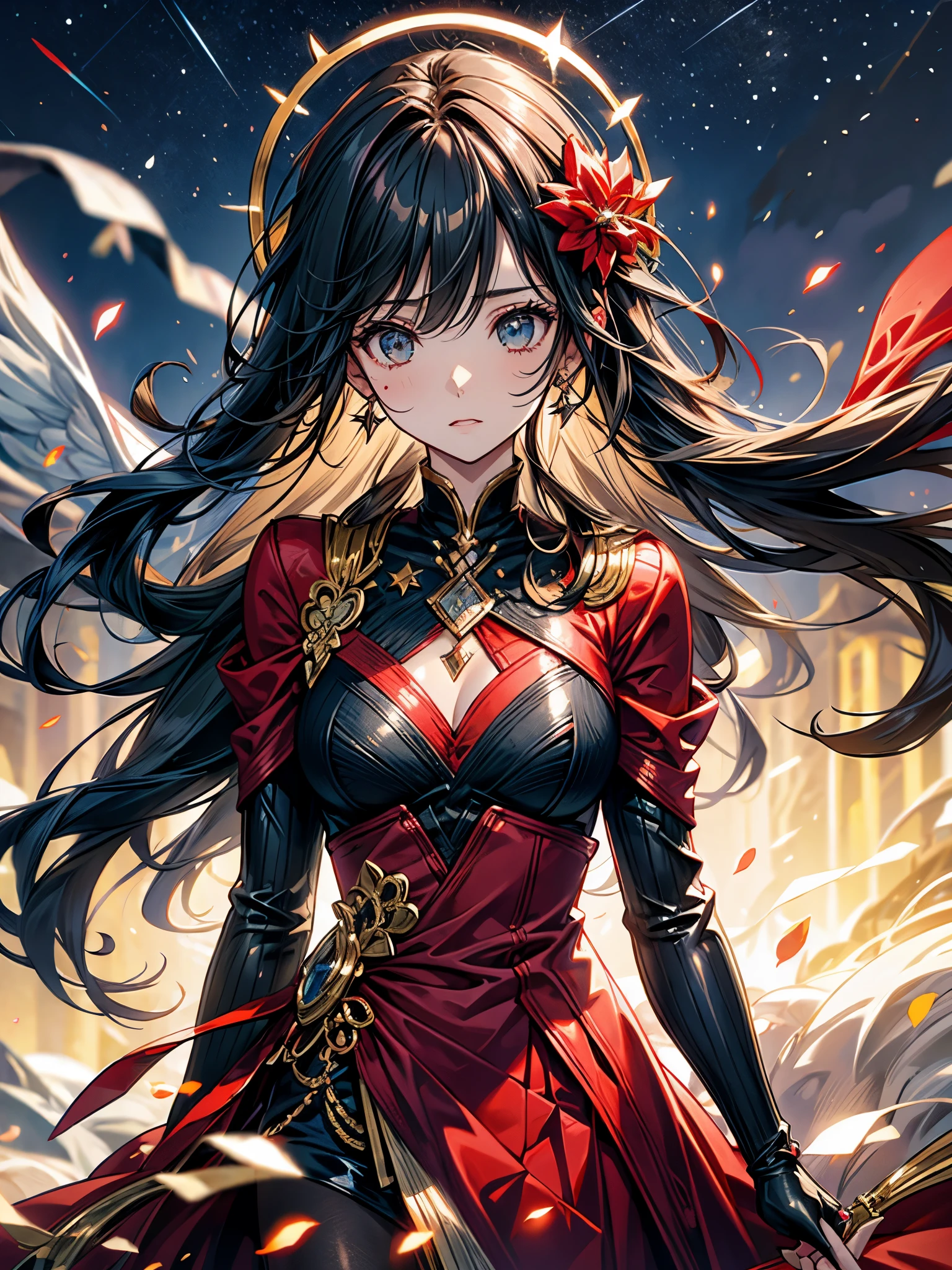 deve rasgar bloodfallen, deve rasgarcostume, rabo de cavalo, ao ar livre, (noite, Starry sky:1.2), obra de arte, arms behind the back, Melhor qualidade, 1 garota, corpo todo, boca fechada, Lago, reflection, ao ar livre, papel de parede oficial, corpo inteiro