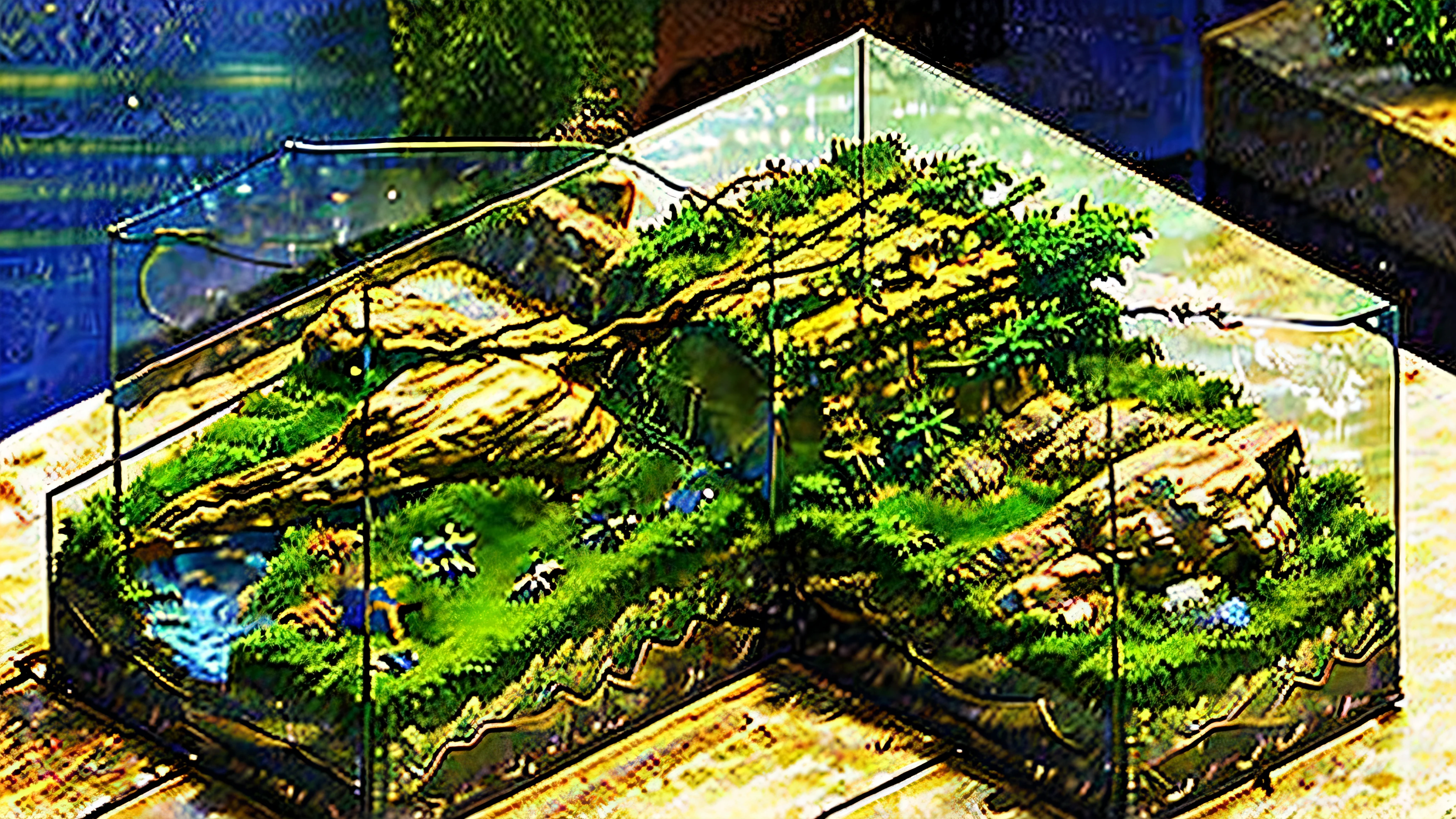 (Isometric 3d rendering CG diorama of ultra great fantastic terrarium), European architecture, heavy rain, (no human), many plant, night, cinematic lighting, warm colors, upscaled 8k, ultra-high resolution pixel art, unreal engine, max resolution, beautiful, perfect design, rendering GeForce rtx 4090, ray tracing, overclocked sampling, masterpiece, ultimate digital art, hyper detailed, hyper realistic, Canon EOS 1D,
