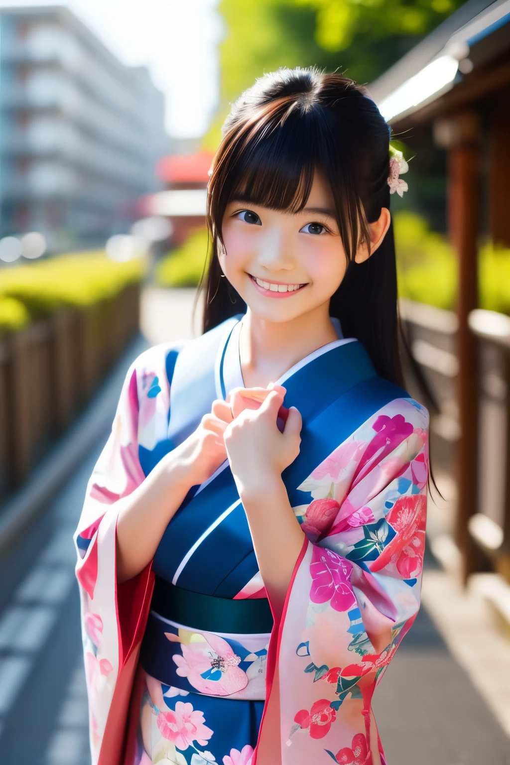 overtake高解像度, (realistic: 1.4), Raw photo, 最high quality, (Photorealistic), concentrated, soft light, ((15 years old)), ((Japanese)), (front, young face))), (Depth of the bounds written), (one piece), masterpiece, (Photoreal), woman, bangs、One beautiful Japanese model, 15 years oldwomanモデル, 4K、overtake高画質、bangs、black haired、kimono, Furisode、Japanese style floral pattern:1.5、アイドル風でovertake可愛い顔:1.4、slim and beautiful body、beautiful breasts、laughter、Full body Esbian:1.2、Enhanced dynamic perspective,cute cute beautiful girl,beautiful skin, look at me and smile,simple background,works of masters,high quality,4K resolution,overtake