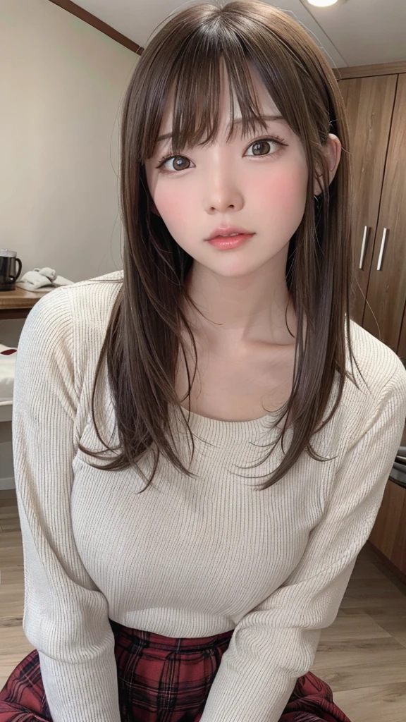 brown hair、Photographed from the front、A 13-year-old girl with brown hair in a ponytail, looking up.、solo、delicate face、long eyelashes、(brown eyes:1.3)、Tartan、music room、angle from above、Sweat、open your mouth wide、stick out tongue、crawl on all fours、