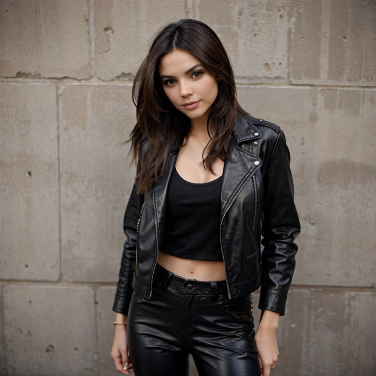 Victoria Justice dressed in leather jacket and pants