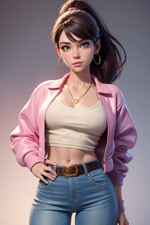 Kitty Pryde with a dark brown ponytail hair, big blue eyes, very small breasts, belt, cotton cream top and open pink cotton sweater  jacket on top!, gold necklace,  low-rise cream denim pants, slim body, covered navel, cropped legs, cotton, front view!, white background, realistic colors, front view, light coming from the right, 8K image quality, Masterpiece