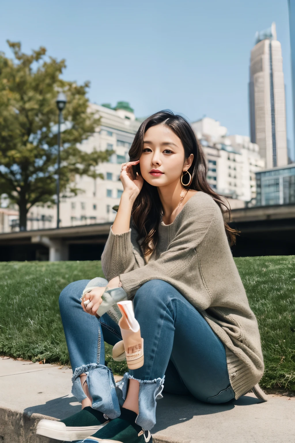 (masterpiece:1.2, highest quality), 1 Japanese woman, alone, Upper body, big breasts, dark wash skinny jeans, Oversized sweater, ankle boots, Gentle waves, Central Department, simple hoop earrings, green park