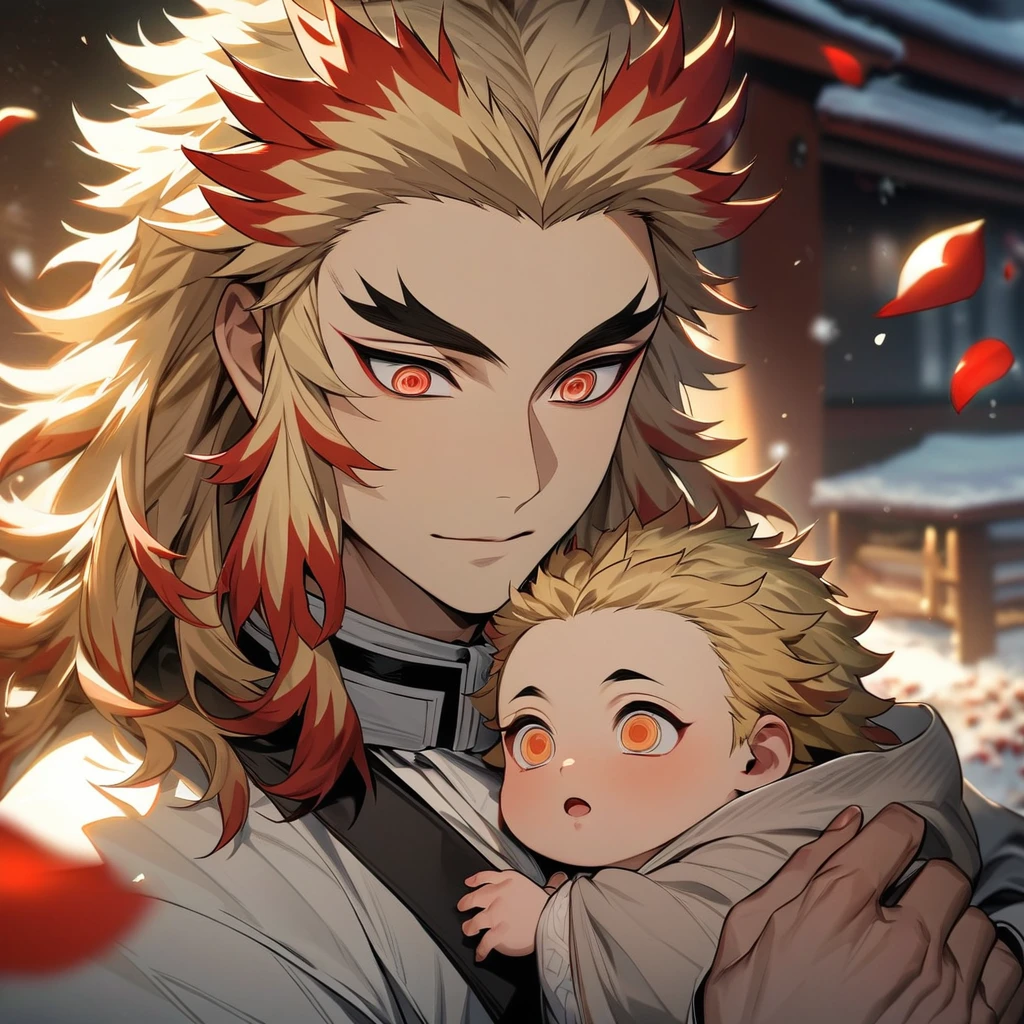 absurdres, highres, ultra detailed, HDR, master piece, best quality, Rengoku Kyojuro, blond medium hair with red streaks, expressive orange eyes, Kimetsu no yaiba, 1man, holding a baby, handsome, winter, red flowers, petals, snowflakes