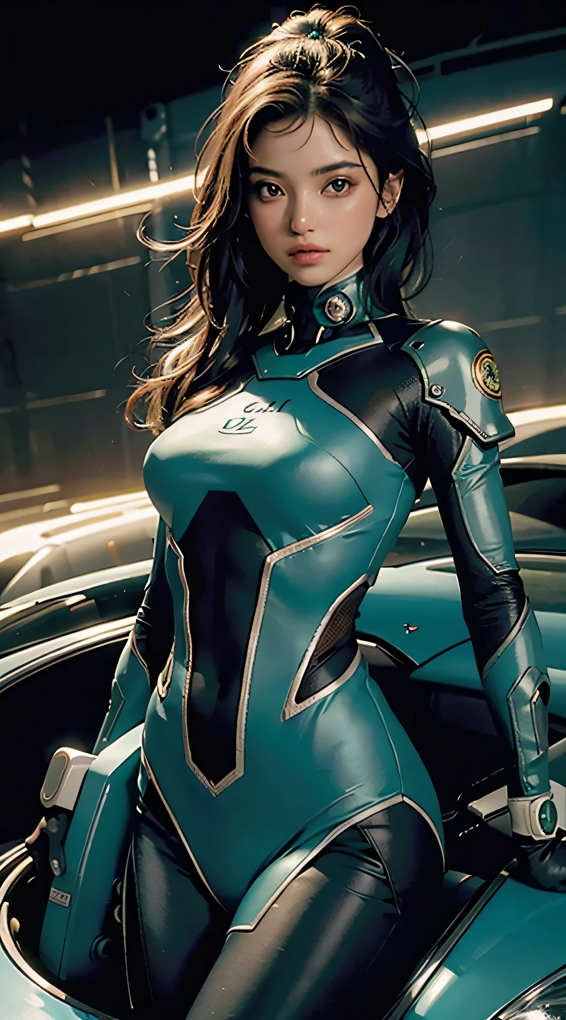 Highest image quality, outstanding details, ultra-high resolution, (realism: 1.4), the best illustration, favor details, highly condensed 1girl, with a delicate and beautiful face, dressed in a black and green mecha, wearing a mecha helmet, holding a directional controller, riding on a motorcycle, the background is a high-tech lighting scene of the future city.