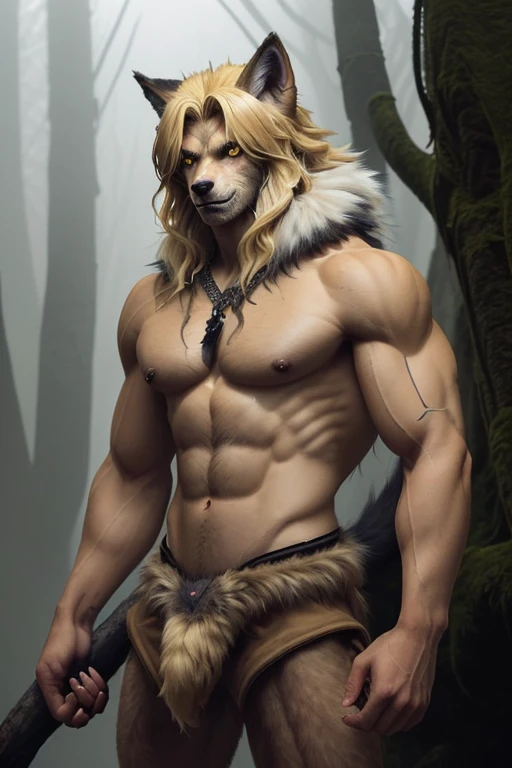 Lycanthrope with wolf head blonde brown fur all over his body muscular build sharp claws yellow eyes looking straight ahead towards the viewer on a foggy forest background