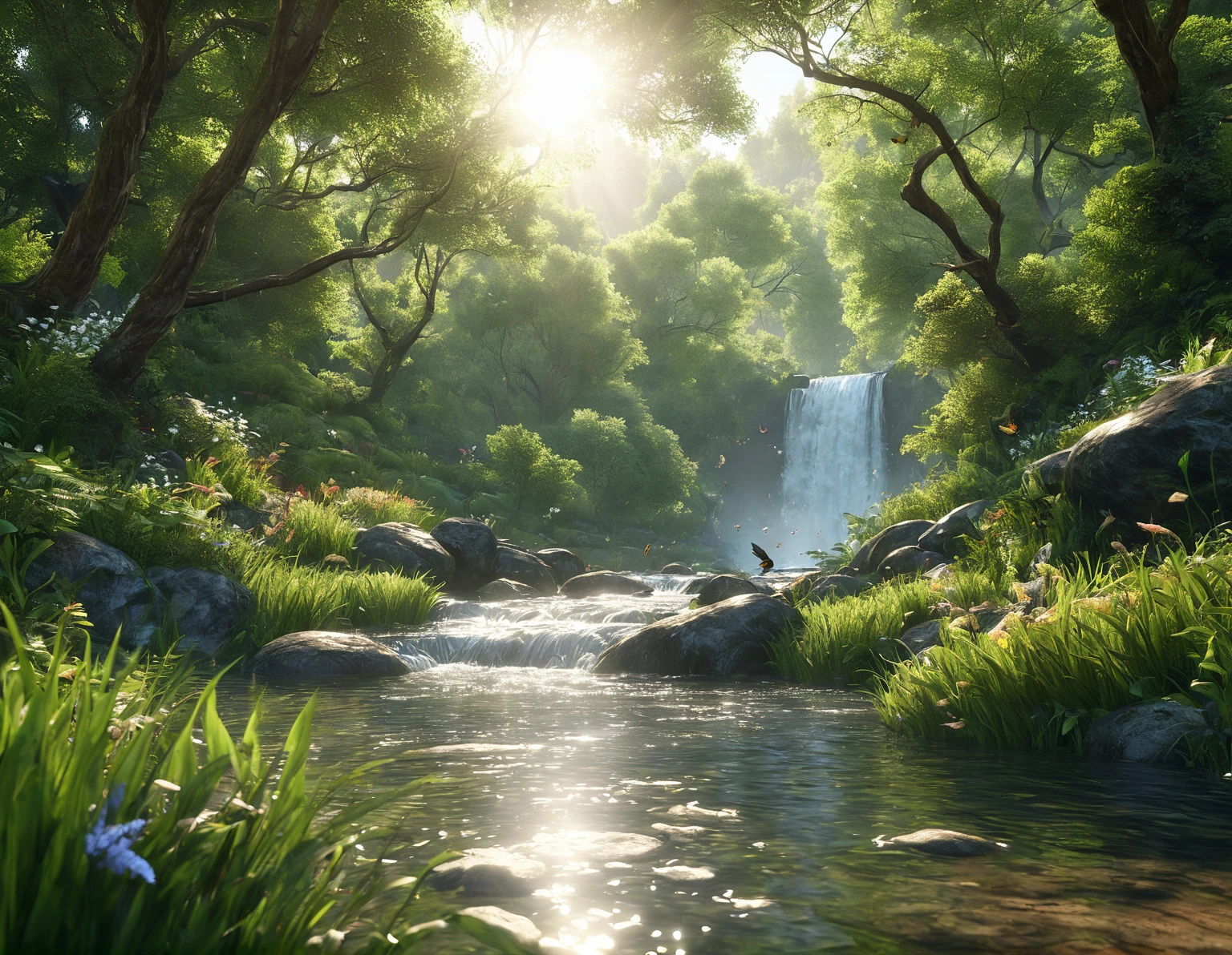 a hyper-realistic image in high definition, a river with calm and clear waters, running through a forest in a valley, birds and butterflies flying, immersive atmosphere, fantasy look, fairy tale, dew on the vegetation, in the background a waterfall, soft morning sun rays, photorealistic details, dynamic shadows, 32k resolution, 50mm lens, f/2.4, greg rutkowsky style