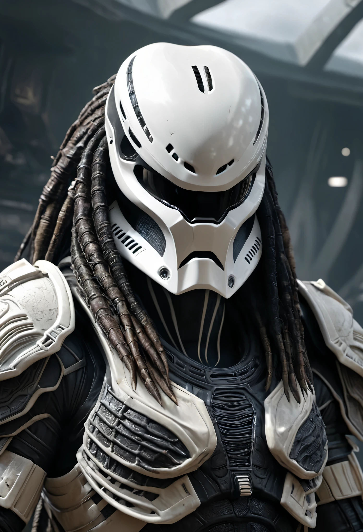 alien predator, alien predator wearing stormtrooper armor clothing, (Artstation:1.1), (intricate:1.1), (great eye detail:0.7), solo, male, looking at viewer, photorealistic, 8k, unreal engine, inspired by HR Giger, half body portrait, highly detailed,