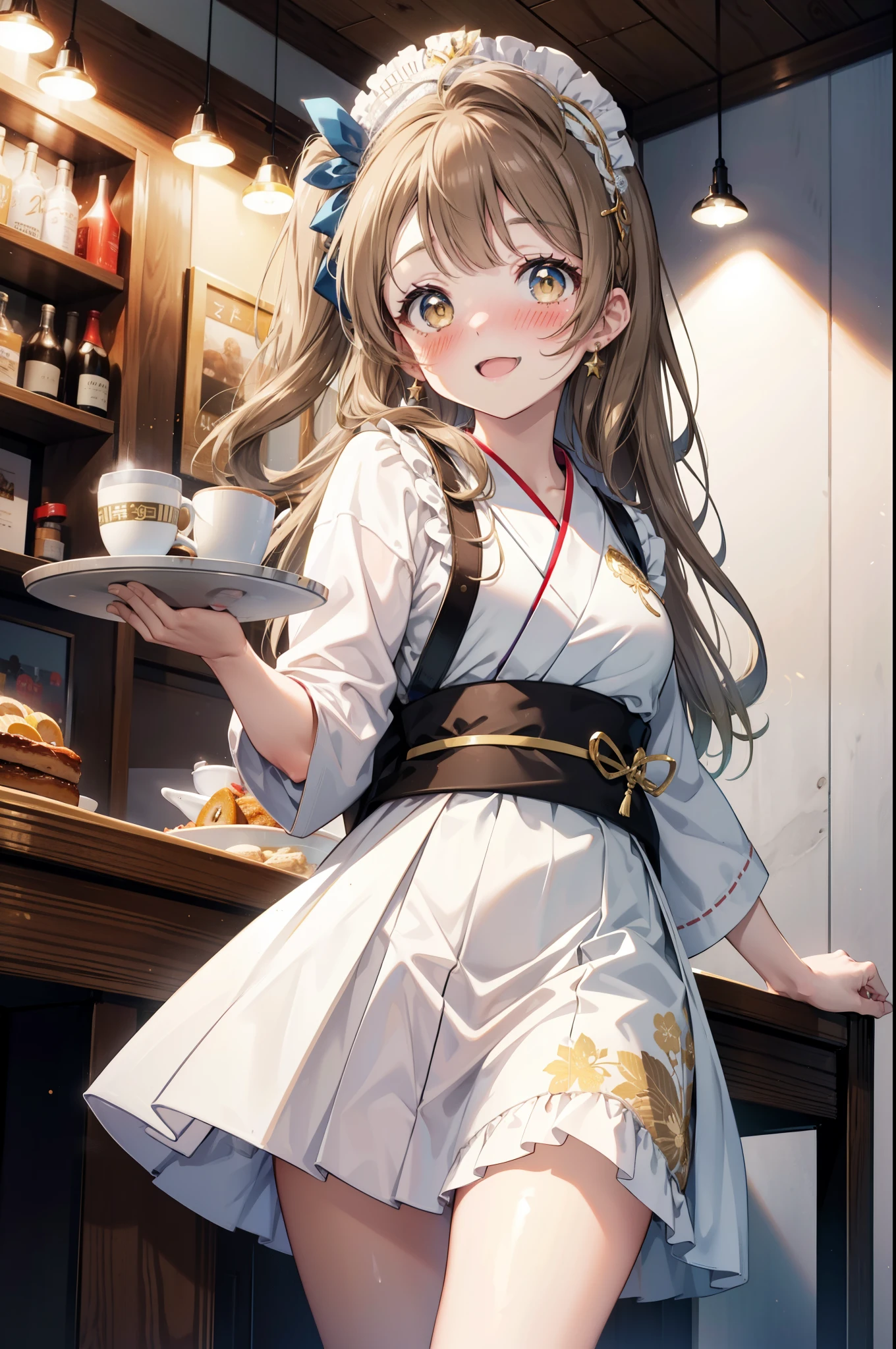 Kotori Minami, Kotori Minami, brown hair, (brown eyes:1.5), one side up, hair ribbon, ribbon, long hair,happy smile, smile, open your mouth,blush,White idol-style kimono,long furisode,White mini hakama,White tights,Zori sandals,tray, tray in one hand,A beautiful waitress with long hair comes to the table to take our order,So that the whole body goes into the illustration,
break looking at viewer, (cowboy shot:1. 5)
break indoors, Coffee shop,
break (masterpiece:1.2), highest quality, High resolution, unity 8k wallpaper, (figure:0.8), (detailed and beautiful eyes:1.6), highly detailed face, perfect lighting, Very detailed CG, (perfect hands, perfect anatomy),