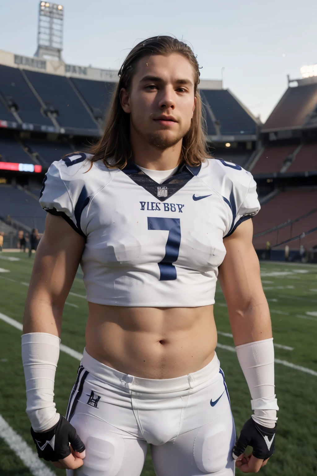 college American football player, athlete, big pecs, round pecs, messy light blond hair, shoulder length hair, beard stubble, tanned skin, muscular physique, shirtless, big bulge, young adult, standing on football field, stadium background, Caucasian, football pants, face like Tom Holland, fingerless gloves