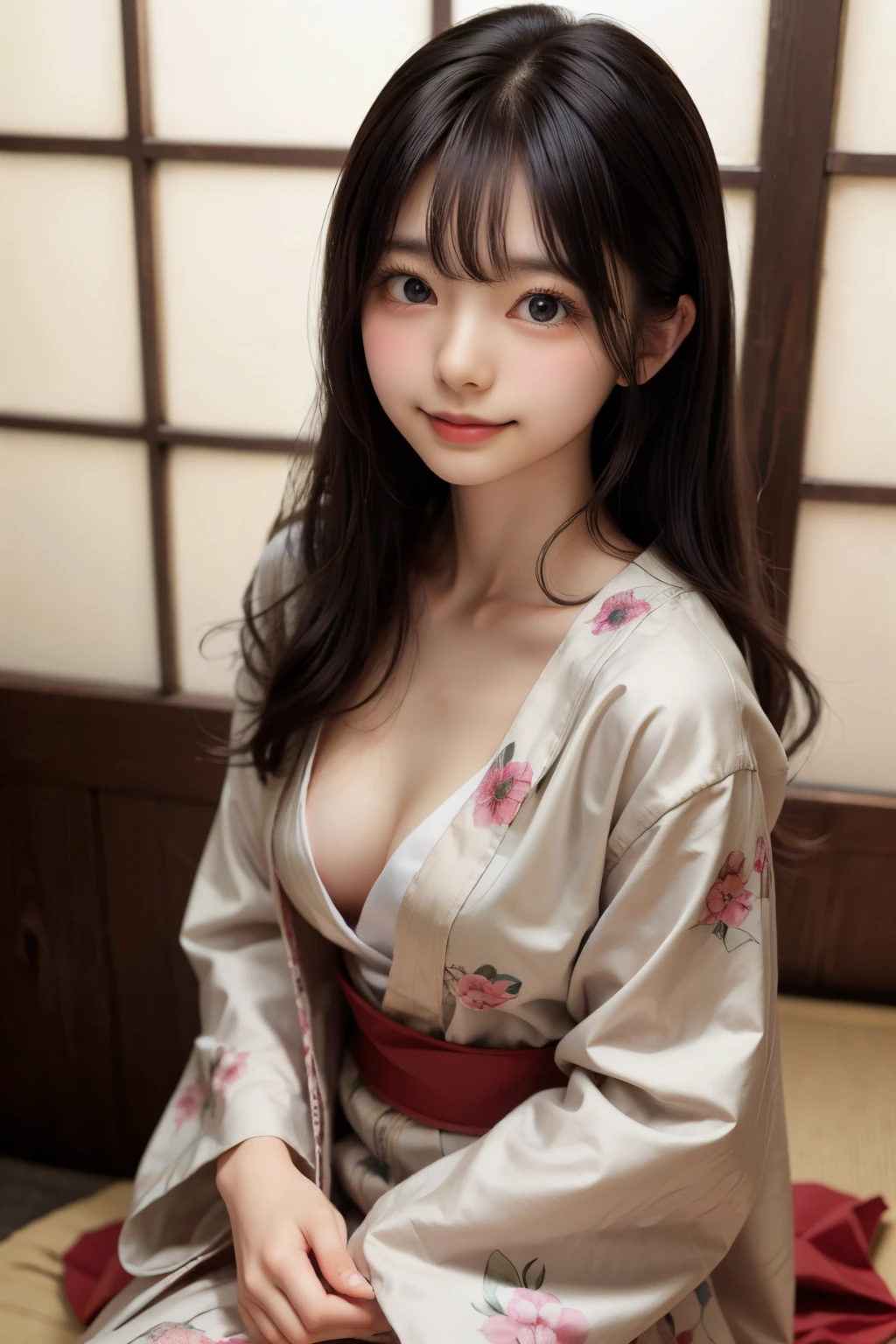 overtake高解像度, (realistic: 1.4), Raw photo, 最high quality, (Photorealistic), concentrated, soft light, ((15 years old)), ((Japanese)), (front, young face))), (Depth of the bounds written), (one piece), masterpiece, (Photoreal), woman, bangs、One beautiful Japanese model, 15 years oldwomanモデル, 4K、overtake高画質、bangs、black haired、kimono, Furisode、Japanese style floral pattern:1.5、アイドル風でovertake可愛い顔:1.4、slim and beautiful body、beautiful breasts、laughter、Full body Esbian:1.2、Enhanced dynamic perspective，cute cute beautiful girl，beautiful skin, look at me and smile，simple background，works of masters，high quality，4K resolution，overtake
