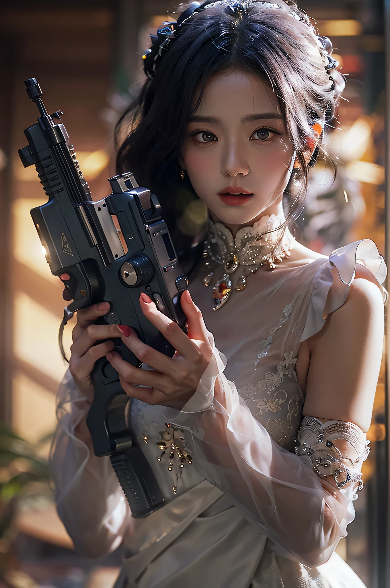 (highest image quality), (masterpiece), (vibrant, photography realistic, Realistic, Dramatic, Dark, Sharp focus, 8K), beautiful, Highly detailed face and skin texture, sexy wedding dress, ethereal beauty, mature asian woman,black long hair, make up, nsfw ,Close up shot, ((backlight)), holding the gun, secret agent, sniper agent