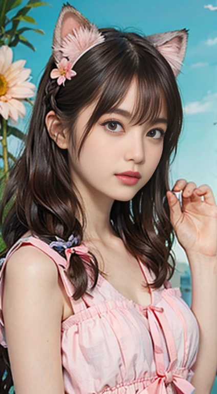 1 girl, naked, animal ears, purple eyes, brown hair, wing, alone, long hair, blush, Cat耳, flowers, looking at the viewer, Braid, bow, dress, pink flowers, bow, hair accessory, bangs, Cat, hair flower, Animal ear hair, holding, Virtual YouTuber, 青いbow, holding animal, catwoman, stuffed toy