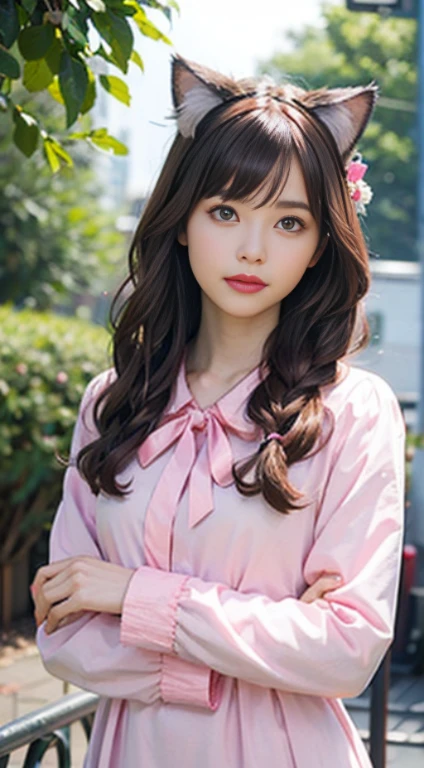 1 girl, naked, animal ears, purple eyes, brown hair, wing, alone, long hair, blush, Cat耳, flowers, looking at the viewer, Braid, bow, dress, pink flowers, bow, hair accessory, bangs, Cat, hair flower, Animal ear hair, holding, Virtual YouTuber, 青いbow, holding animal, catwoman, stuffed toy