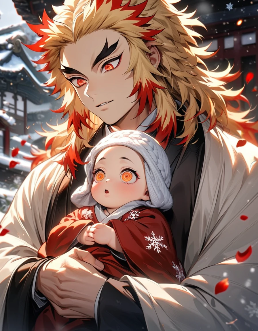 absurdres, highres, ultra detailed, HDR, master piece, best quality, Rengoku Kyojuro, blond medium hair with red streaks, expressive orange eyes, Kimetsu no yaiba, 1man, holding a baby, handsome, winter, red flowers, petals, snowflakes