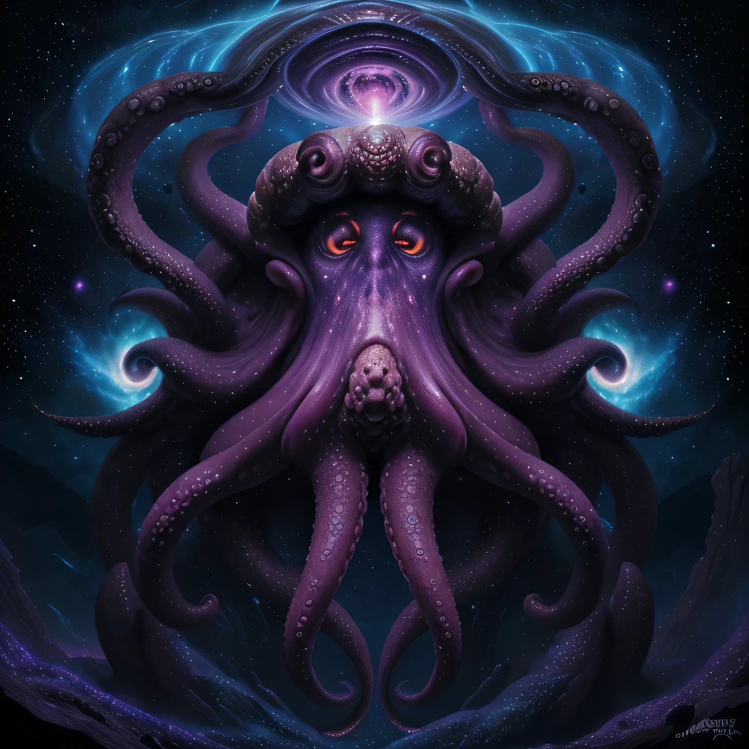 Cosmic majestic octopus realist, masterpiece, 8k, cosmic void, terror, genesis, apocalypse, armagedon, full art, magical, dark fantasy, supernova, explosion, full particules colored, amazing, awesome, lovecraft, 