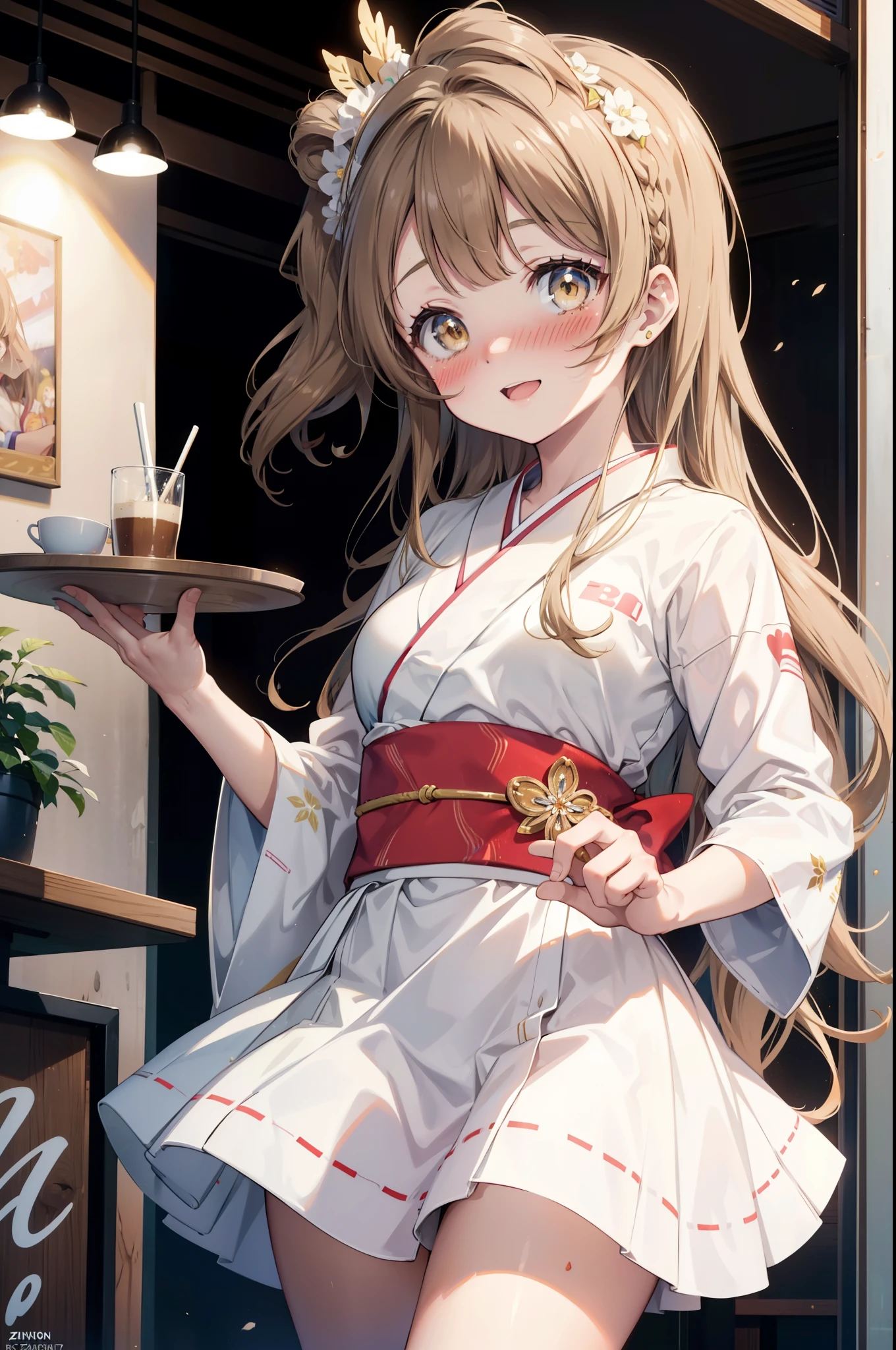 Kotori Minami, Kotori Minami, brown hair, (brown eyes:1.5), one side up, hair ribbon, ribbon, long hair,happy smile, smile, open your mouth,blush,White idol-style kimono,long furisode,White mini hakama,White tights,Zori sandals,tray, tray in one hand,A beautiful waitress with long hair comes to the table to take our order,So that the whole body goes into the illustration,
break looking at viewer, (cowboy shot:1. 5)
break indoors, Coffee shop, 
break (masterpiece:1.2), highest quality, High resolution, unity 8k wallpaper, (figure:0.8), (detailed and beautiful eyes:1.6), highly detailed face, perfect lighting, Very detailed CG, (perfect hands, perfect anatomy),