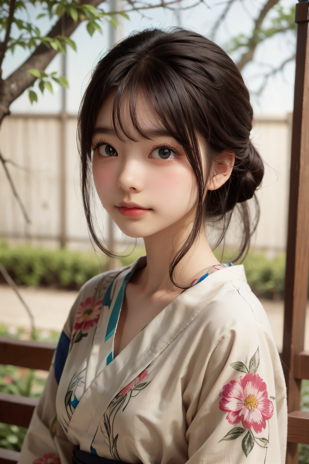 Super high resolution, (Realistic: 1.4), Raw photo, Highest quality, (Photorealistic), Focused, Soft light, ((15 years old)), ((Japanese)), (Front, Young face)) ), (Depth of field), (One Piece), Masterpiece, (Photoreal), Female, Bangs, 1 beautiful Japanese model, 15 year old female model, 4K, Ultra High Definition, Bangs, Black hair, Kimono, Furisode , Japanese floral pattern: 1.5, Idol style and super cute face: 1.4, Slim and beautiful figure, beautiful breasts, laughter, whole body Esbian: 1.2, Enhanced dynamic perspective, Cute pretty girl, Beautiful skin, Simple background , Works of masters, High quality, 4K resolution, Ultra
