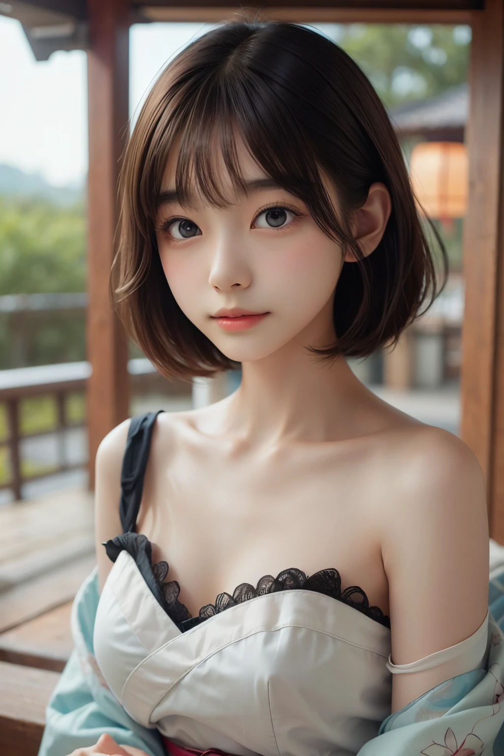 Super high resolution, (Realistic: 1.4), Raw photo, Highest quality, (Photorealistic), Focused, Soft light, (()), ((Japanese)), (Front, Young face)) ), (Depth of field), (One Piece), Masterpiece, (Photoreal), Female, Bangs, 1 beautiful Japanese model, 15 year old l, 4K, Ultra High Definition, Bangs, Black hair, Kimono, Furisode , Japanese floral pattern: 1.5, Idol style and super cute face: 1.4, Slim and beautiful figure, beautiful breasts, laughter, whole body Esbian: 1.2, Enhanced dynamic perspective, Cute pretty girl, Beautiful skin, Simple background , Works of masters, High quality, 4K resolution, Ultra