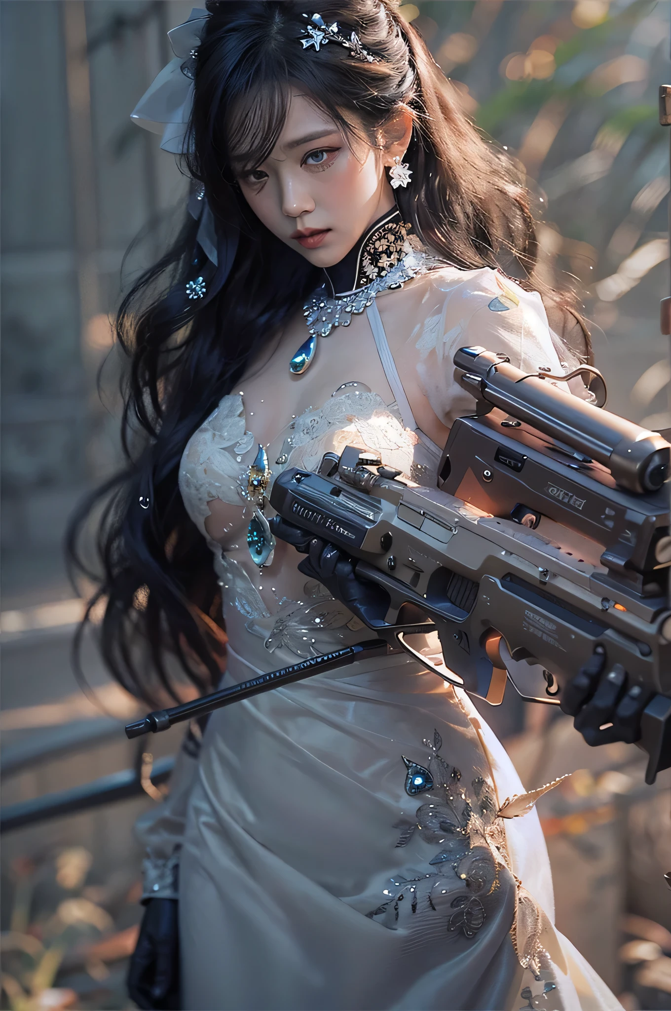 (highest image quality), (masterpiece), (vibrant, photography realistic, Realistic, Dramatic, Dark, Sharp focus, 8K), beautiful, Highly detailed face and skin texture, sexy wedding dress, ethereal beauty, mature asian woman,black long hair, make up, nsfw ,Close up shot, ((backlight)), holding the gun, secret agent, sniper agent