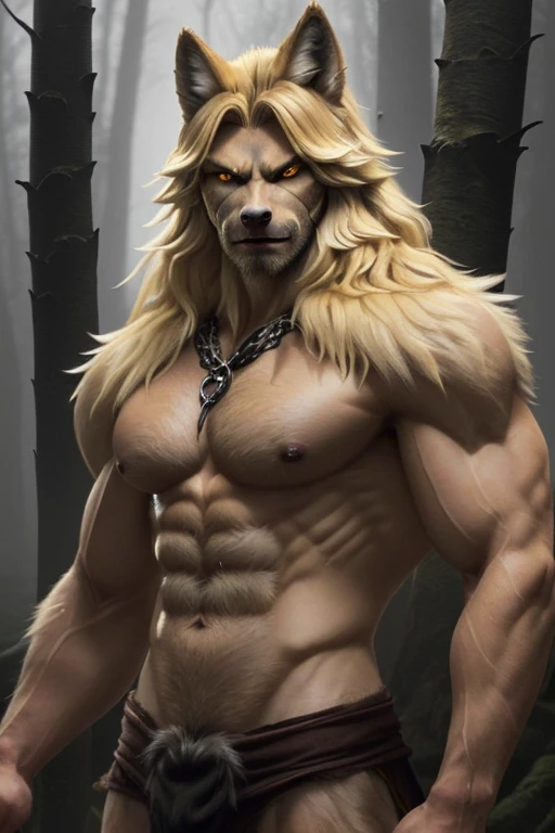 Lycanthrope with wolf head blonde brown fur all over his body muscular build sharp claws yellow eyes looking straight ahead towards the viewer on a foggy forest background