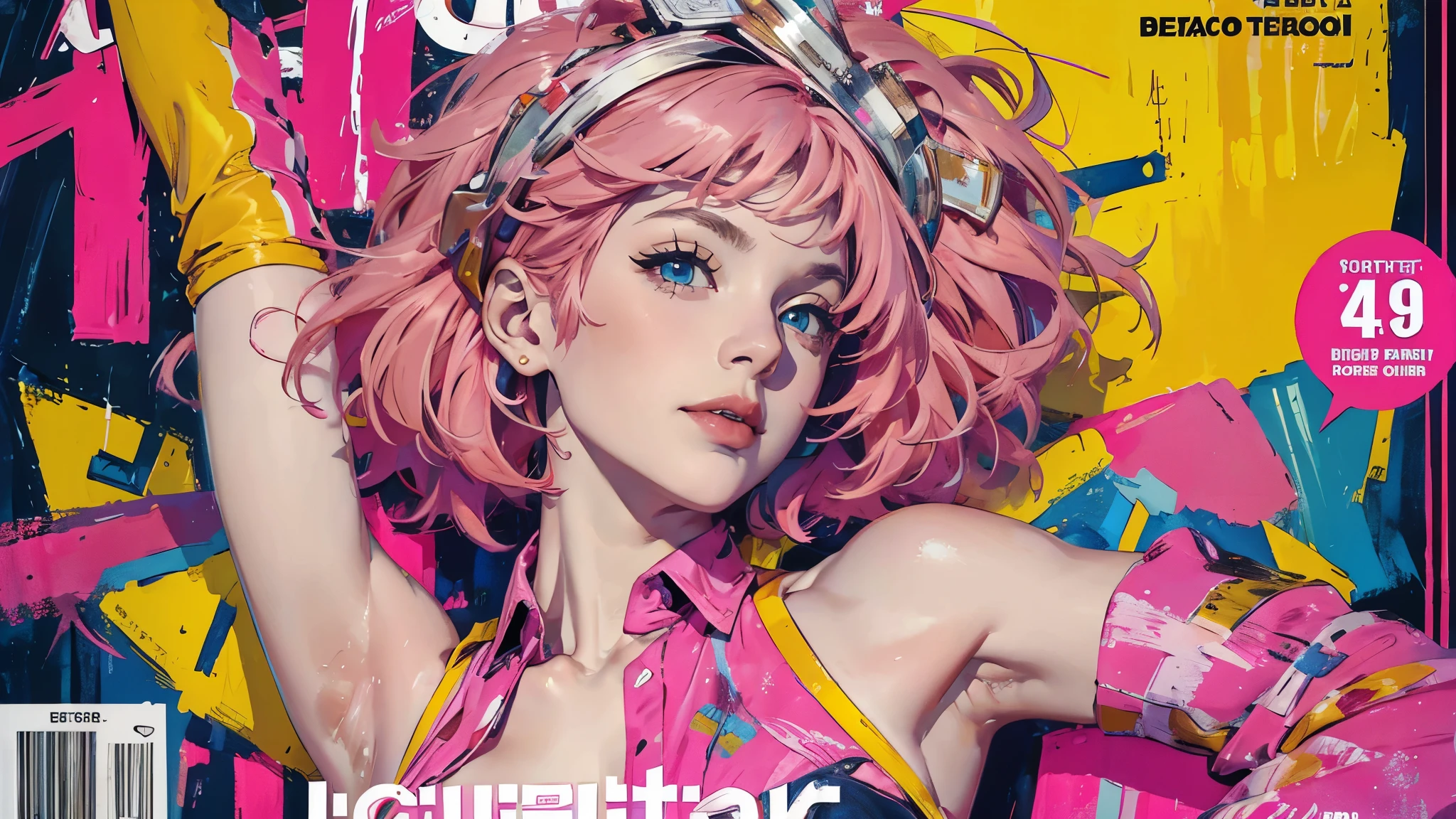 masterpiece:1.2, best quality), (magazine cover), (colorful Magazine cover with lots of text), brilliant colorful paintings, Comic cover style, (best quality, highres:1.2), 1girl, beautiful detailed eyes, (((pink hair))), beautiful detailed lips, extremely detailed eyes and face, long eyelashes, medium:oil painting, vivid colors, HDR, studio lighting, ultra-fine painting, sharp focus, physically-based rendering, extreme detail description, portraitig breasts, perfect shape, showing armpit, facing viewer, sweaty, gorgeous, arms up, sleeveless corset, magazine cover, (highly detailed:1.2)