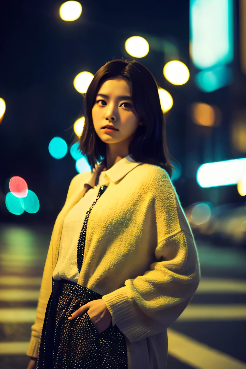 (cinematic aesthetic:1.4) Beautiful Korean fashion model bokeh city night photo