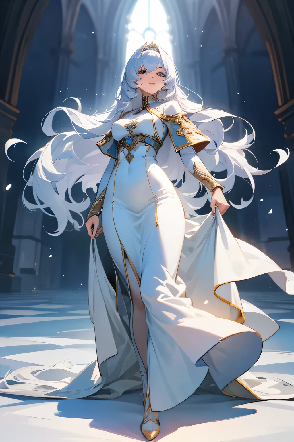 masterpiece, top quality, super detailed, high resolution, (Katsura Masakazu style), excellent anatomy, 1 beautiful woman, curvy but slender body, perfect eyes, perfect lighting, inside the royal palace, take a walk, gorgeous white dress, curly hair, sculpture installation, fine clothes, detailed snow country background, compensate, eye shadow, thick eyelashes, fantasy, looking at the viewer, whole body, blue sky, bright and beautiful face, young shiny glossy white shiny skin, the best beauty, the most beautiful bright silver hair in the world, thin hair, super long straight hair, shining beautiful bangs, shining crystal clear big blue eyes, very beautiful and lovely, ordinary breasts, best light, best shadow, mysterious, perfect face, highly detailed,