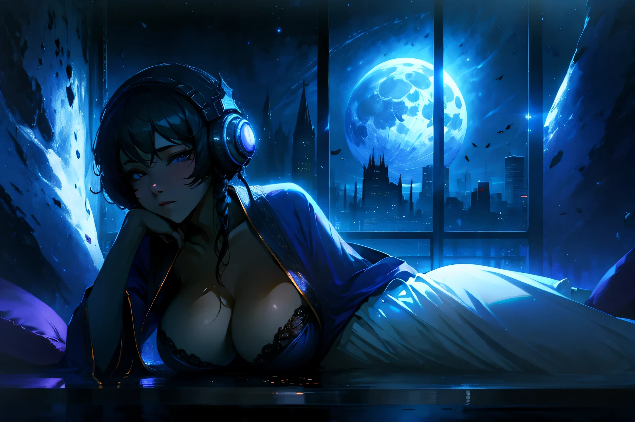 A woman wearing a bathrobe and headphones is lying on the bed、The large window behind offers a beautiful night view.、big breasts、sexy、dimly lit room、moonlight、exposed、Downlight、full moon