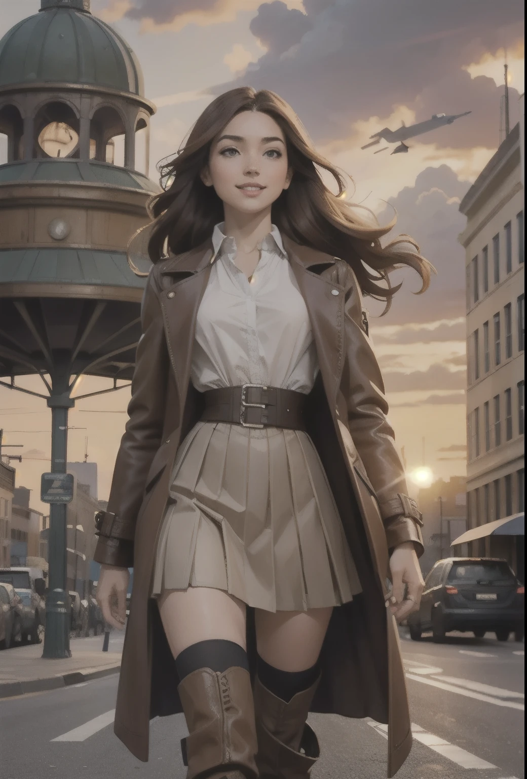 Realistic visuals, captivating beauty, dramatic contrasts, soft lighting, delicate warmth, soft light, ultra high definition, colorful, best quality, perfect female figure, high dynamic range, unparalleled masterpieces, pale skin, makeup, landscape, airplane, steampunk, cloud, sky, gear, nobody, building, outdoors, urban, science fiction, sunset, crane (machine), 1girl, long_hair, boots, brown_hair, motor_vehicle, skirt, brown_eyes, knee_boots, smile, outdoors, corset, open_mouth, looking_at_viewer, street, city, road, long leather coat, shirt, solo_focus, pleated_skirt, building, long_sleeves, belt, blush, pouch, holding, sign, bag, white_shirt