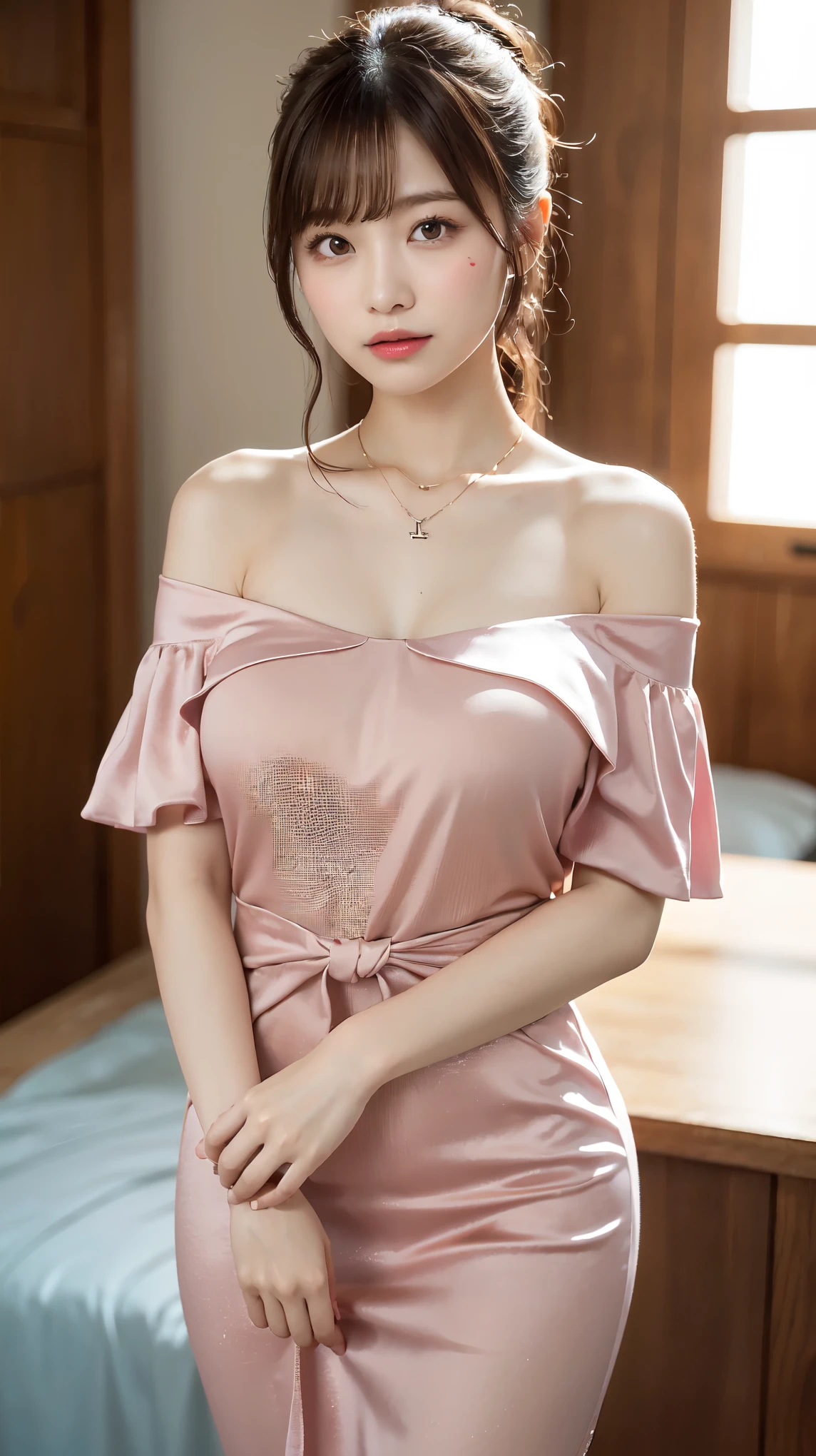 body、Full body Esbian、look back、Very small waist、(very big breasts:1.3)、ponytail、plump thighs、natural skin、Extra-fine face、 extra thin hands, Very thin fingers, Best ratio、surreal, ((cute dress、Exposing too much skin、off shoulder、The length is short and the thighs are visible))、cheeks turn red、body covered in 、Cross Necklace、((18-year-old female:1.ung adorable japanese face, official art,Highly detailed CG Unity 8K wallpaper,(masterpiece:1.0),(highest quality:1.0), 超A high resolution,4k,Super detailed, photo shoot, 8K, nffsw, High resolution, kodak portrait 400, film grain, lens flare glow,高いest quality,8K,nffsw:1.2),portrait shot,8K、View viewer