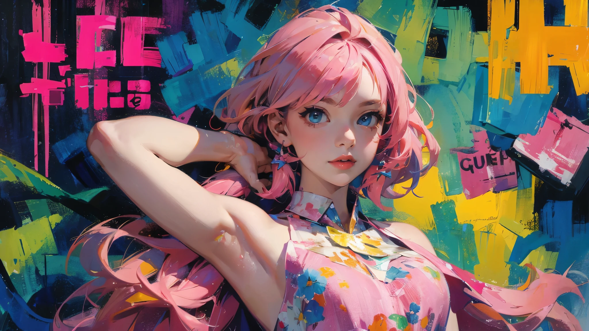 masterpiece:1.2, best quality), (magazine cover), (colorful Magazine cover with lots of text), brilliant colorful paintings, Comic cover style, (best quality, highres:1.2), 1girl, beautiful detailed eyes, (((pink hair))), beautiful detailed lips, extremely detailed eyes and face, long eyelashes, medium:oil painting, vivid colors, HDR, studio lighting, ultra-fine painting, sharp focus, physically-based rendering, extreme detail description, portraitig breasts, perfect shape, showing armpit, facing viewer, sweaty, gorgeous, arms up, sleeveless corset, magazine cover, (highly detailed:1.2)