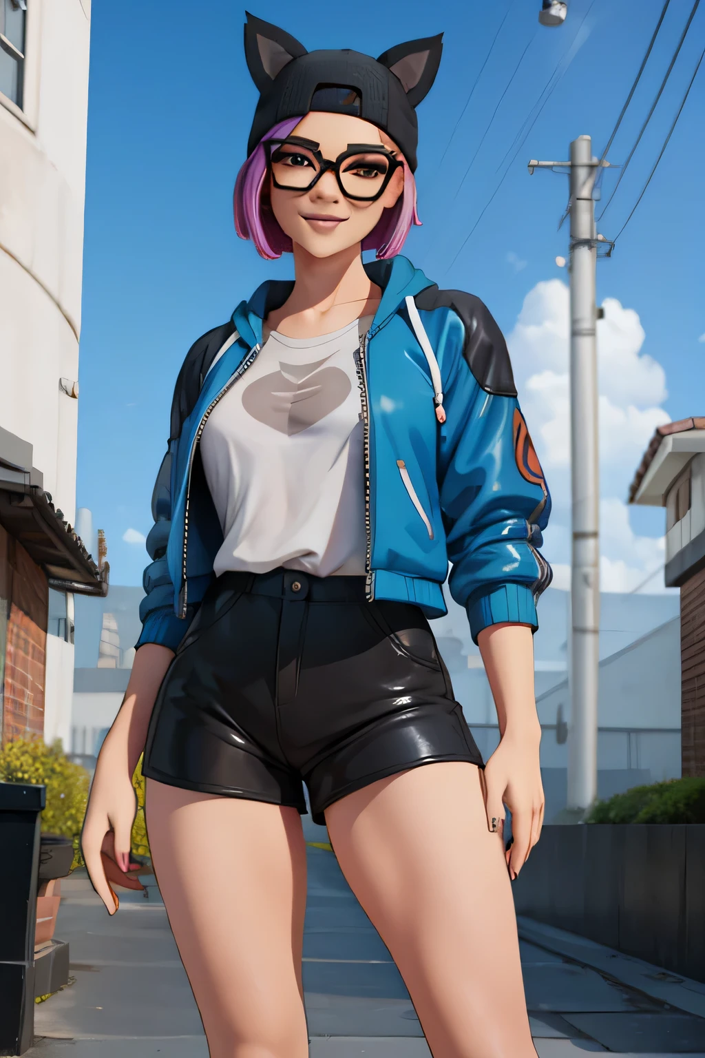 Lynx con shorts negros con gris, gafas chaqueta azul con blanco, sonriendo, sentada