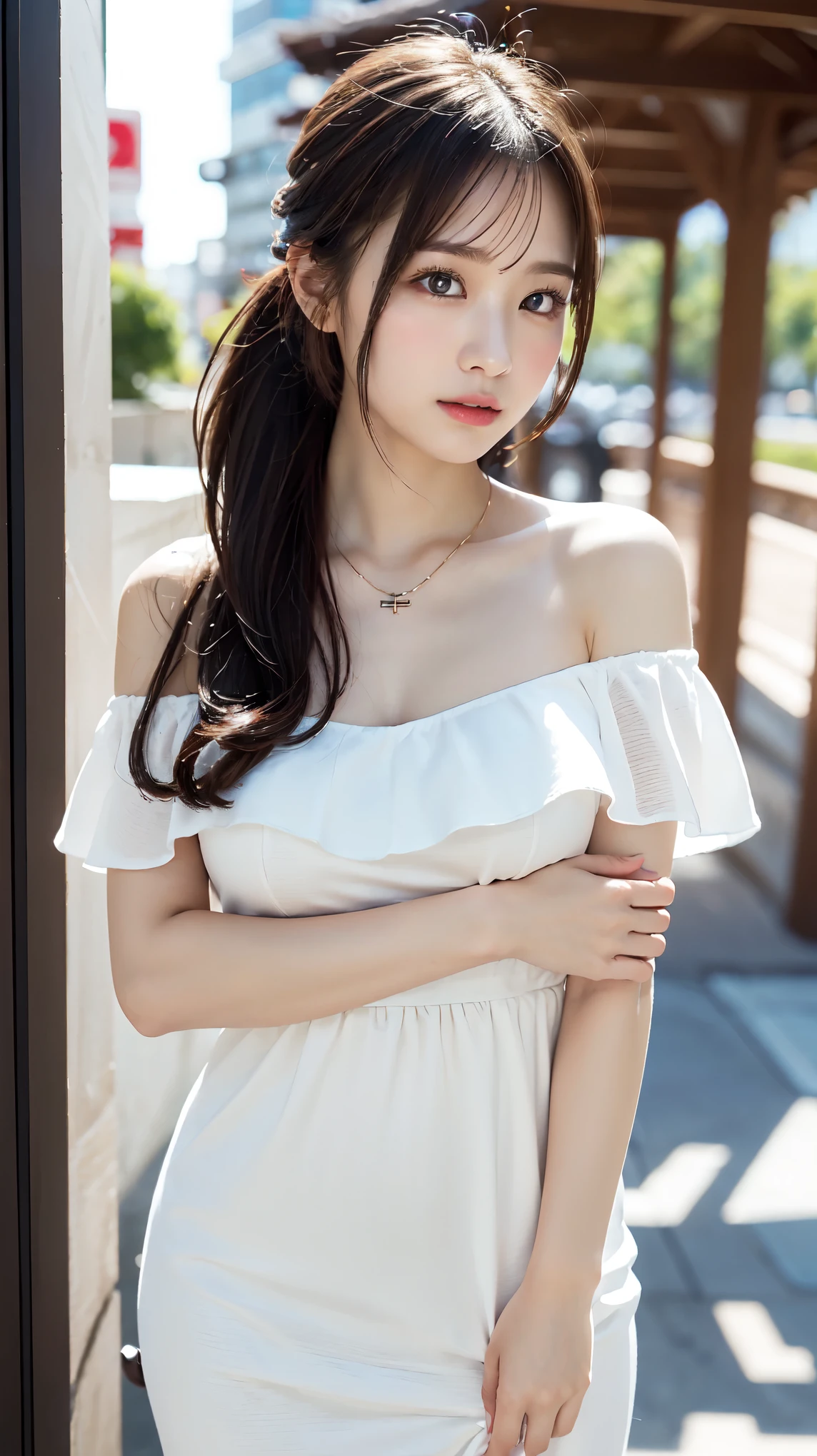 body、Full body Esbian、Picking up documents that had fallen on the floor、Very small waist、(very big breasts:1.3)、ponytail、plump thighs、natural skin、Extra-fine face、 extra thin hands, Very thin fingers, Best ratio、surreal, ((cute dress、Exposing too much skin、off shoulder、The length is short and the thighs are visible))、cheeks turn red、body covered in 、Cross Necklace、((18-year-old female:1.2))、young adorable japanese face, official art,Highly detailed CG Unity 8K wallpaper,(masterpiece:1.0),(highest quality:1.0), 超A high resolution,4k,Super detailed, photo shoot, 8K, nffsw, High resolution, kodak portrait 400, film grain, lens flare glow,高いest quality,8K,nffsw:1.2),portrait shot,8K、View viewer