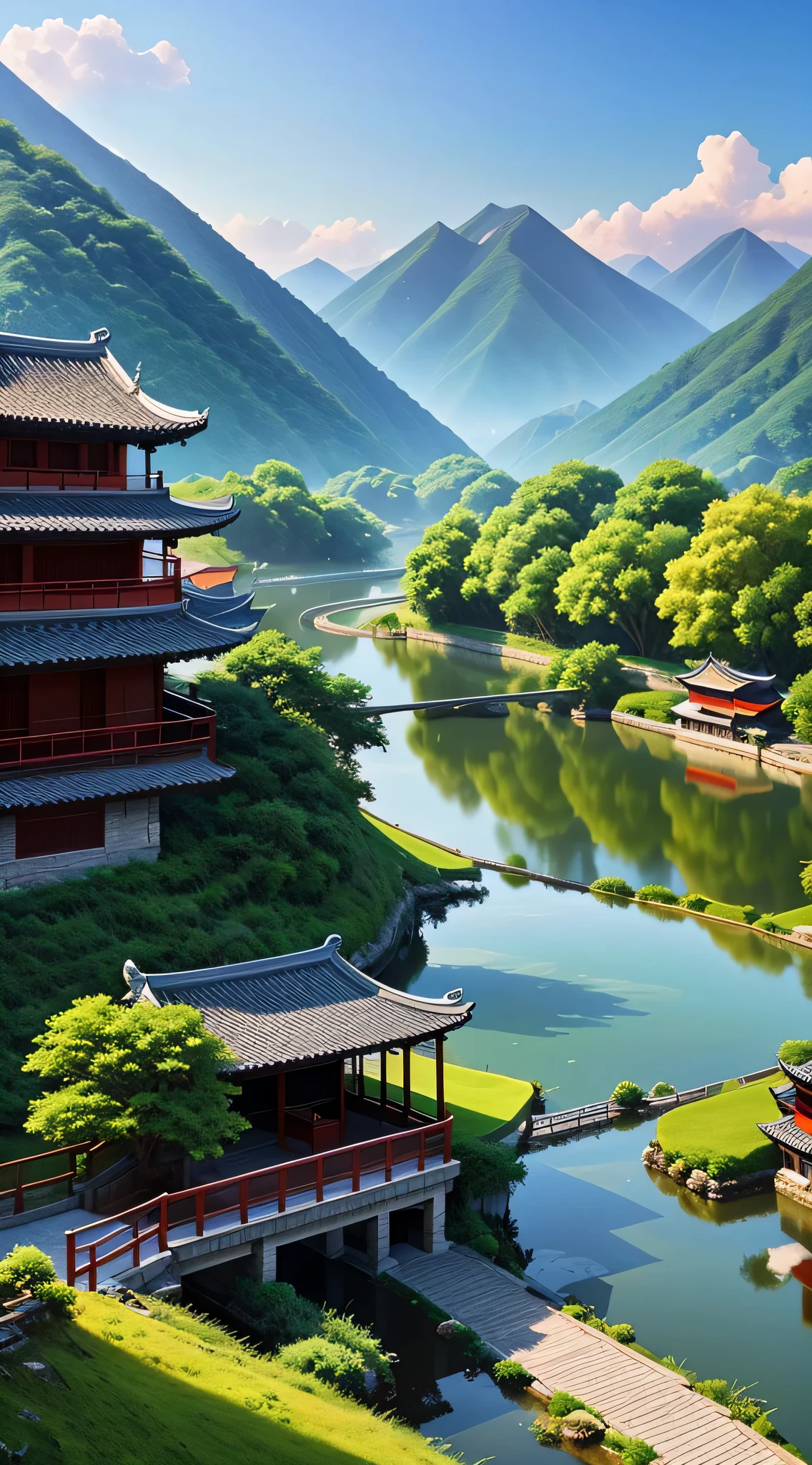 wallpaper,landscape,distant mountains,water,Traditional Jiangnan,Pastoral scenery,(Very detailed CG unity 8kwallpaper),The most beautiful works of art in the world,complex,high detail,sharp focus,drama,realistic art,Chinese mountain water scenery