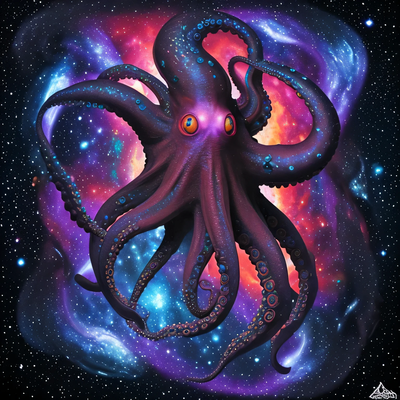 Cosmic majestic octopus with number 8 tatoo, realist, masterpiece, 8k, cosmic void, terror, genesis, apocalypse, armagedon, full art, magical, dark fantasy, supernova, explosion, full particules colored, amazing, awesome, lovecraft, number 8, insane, prototype, biomechanical