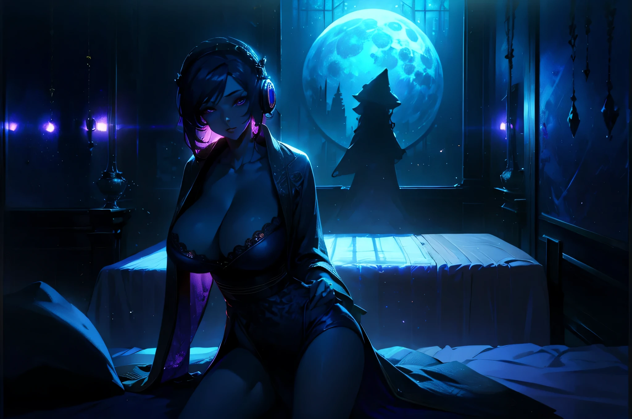 A woman wearing a bathrobe and headphones is lying on the bed、The large window behind offers a beautiful night view.、big breasts、sexy、dimly lit room、moonlight、exposed、Downlight、full moon、Stylish interior、On your back