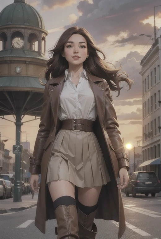 Realistic visuals, captivating beauty, dramatic contrasts, soft lighting, delicate warmth, soft light, ultra high definition, colorful, best quality, perfect female figure, high dynamic range, unparalleled masterpieces, pale skin, makeup, landscape, steampunk, cloud, sky, gear, nobody, building, outdoors, urban, science fiction, sunset, crane (machine), 1girl, long_hair, boots, brown_hair, skirt, brown_eyes, knee_boots, smile, outdoors, corset, open_mouth, looking_at_viewer, street, city, road, long leather coat, shirt, solo_focus, pleated_skirt, building, long_sleeves, belt, blush, pouch, holding, sign, bag, white_shirt, full body