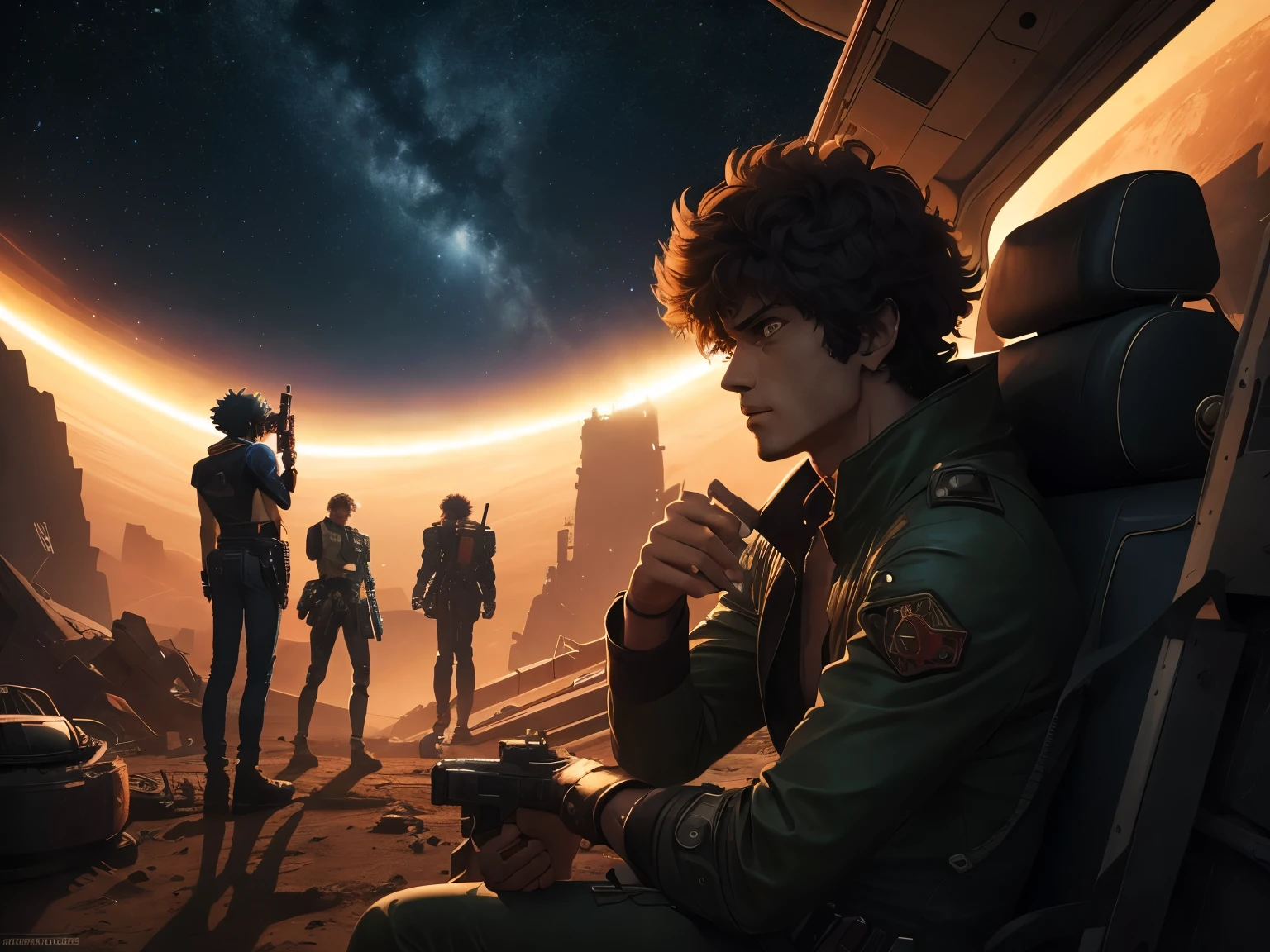 masterpiece, cowboy bebop, set in the solar system centered on Mars in the year 2071, this space western animation depicts the exploits of bounty hunter Spike Spiegel and his crew as they travel aboard the dilapidated spaceship "Bebop" It features stylish, cool visuals and exhilarating mecha and gun action, It combines a hard-boiled touch, suspense, horror, slapstick comedy, cyberpunk, and a unique worldview to create a unique style not seen in existing science fiction works